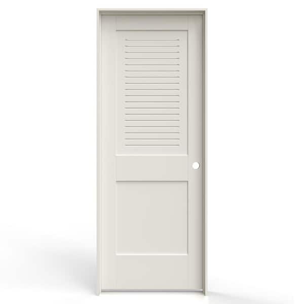 JELD-WEN 30 in. x 80 in. 2 Panel Left-Handed Primed MDF Wood Single Prehung Interior Door Upper Modern Ventilated Panel Louver