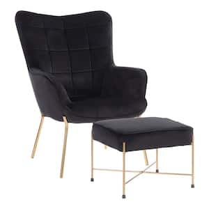 Izzy Gold Lounge Chair with Ottoman in Black Velvet