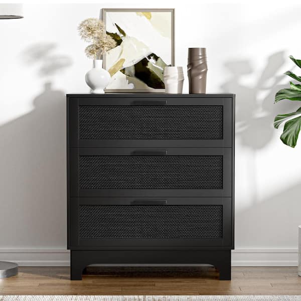 Aupodin Black 3-Drawer 31.5 in. Wide Chest of Drawers with Sliding Doors for Bedroom Living Room