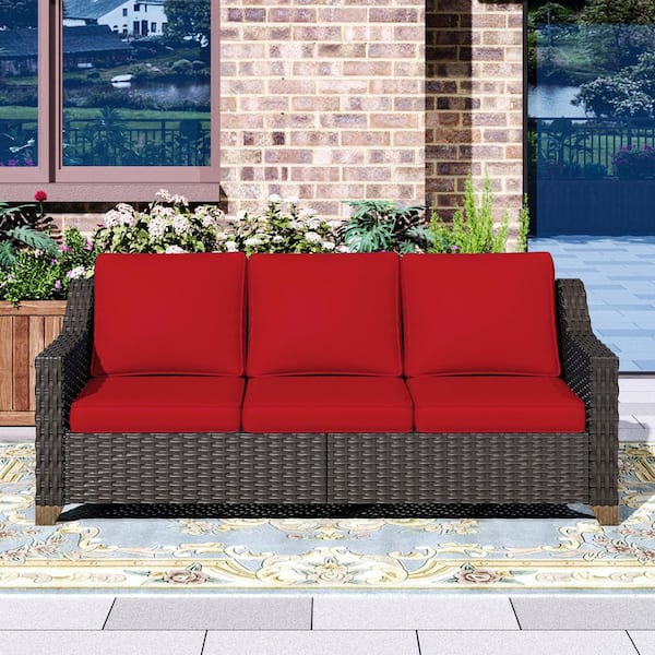 Wicker Outdoor Patio Sectional Sofa with Thick Baby Red Cushions