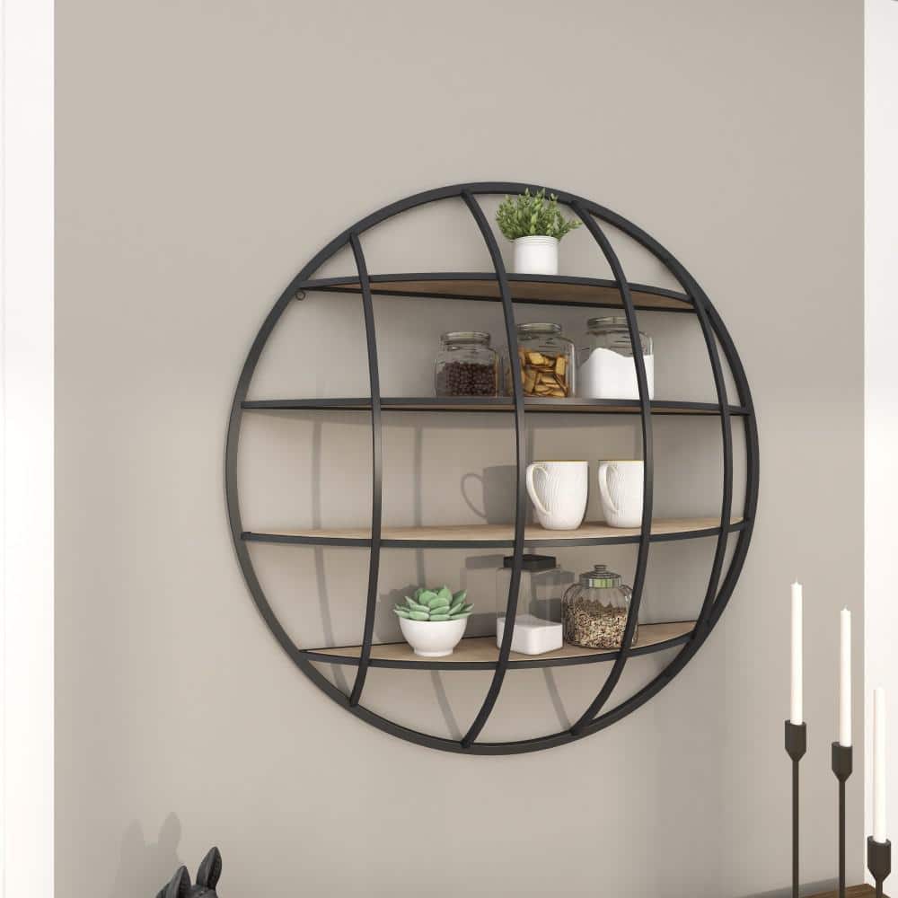 Rustic Iron and Wood 36" Geometric Round Floating Wall Shelf