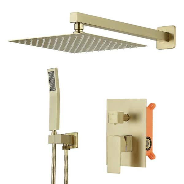 INSTER Dual Shower Set 2-Spray Wall Mount 10 in. Rainfall Shower Head and 1.8 GPM Hand Shower in Brushed Gold