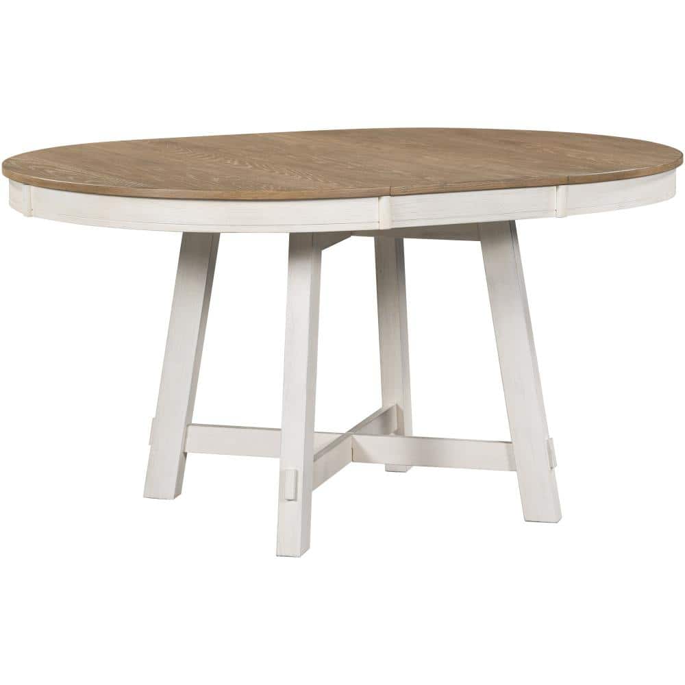 Farmhouse Round Extendable Dining Table 42-58 in. Oak Natural Wood with Antique White Solid Wood Assembly Required