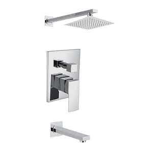 2-Handle 1-Spray Square Tub and Shower Faucet with 8 in. Wall Mounted Shower Head in Brushed Nickel (Valve Included)