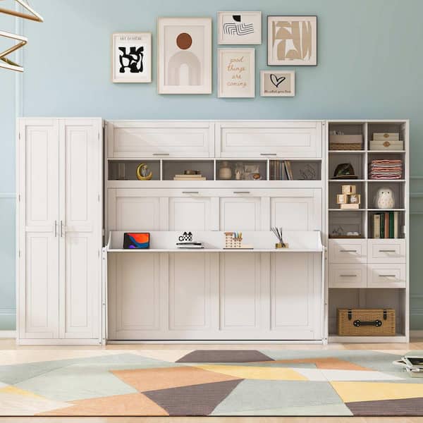 White Wood Frame Full Size Murphy Bed with Closet, Drawers and Shelves