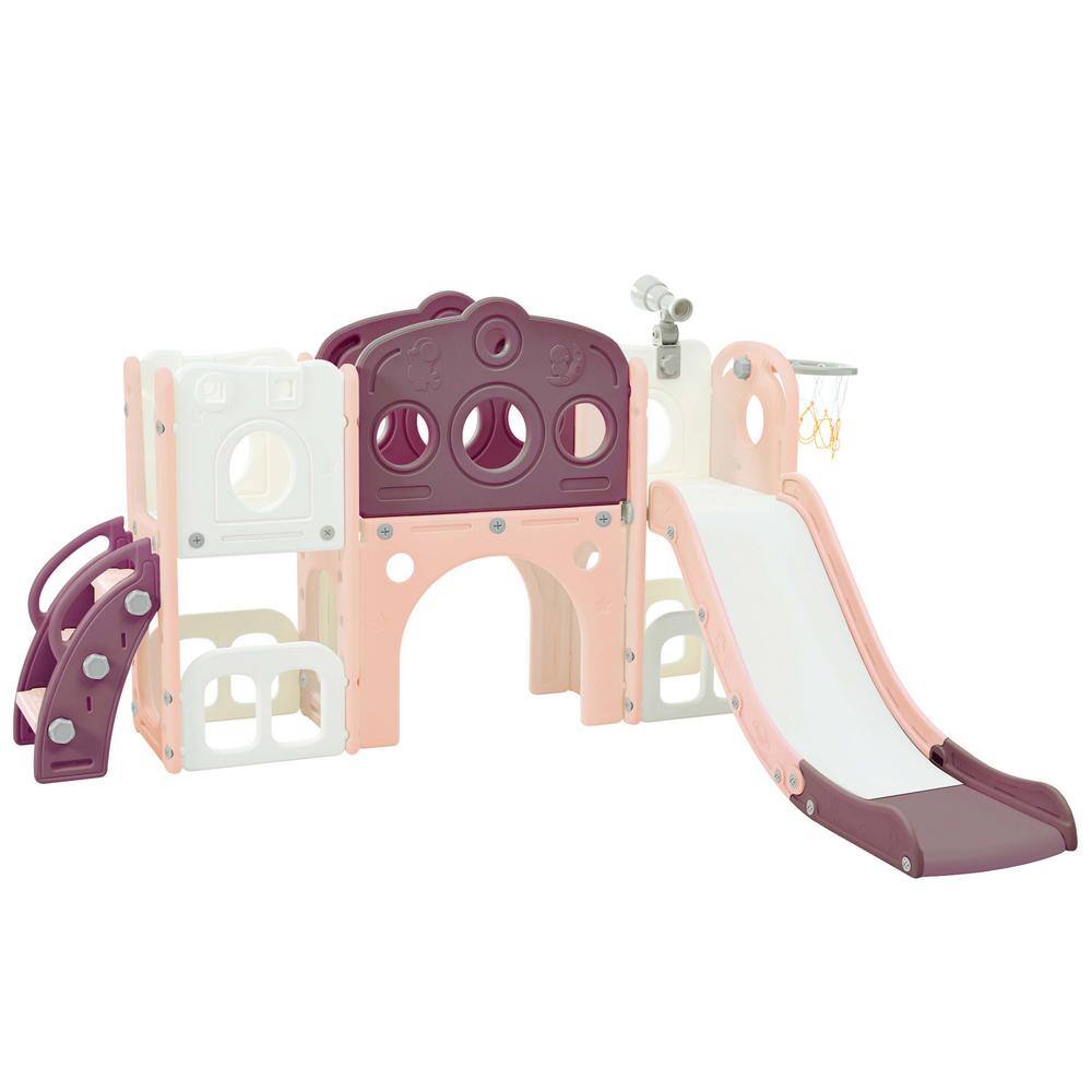 Purple 7 in 1 Toddler Freestanding Spaceship Set with Slide, Toy Storage Organizer Arch Tunnel and Basketball Hoop