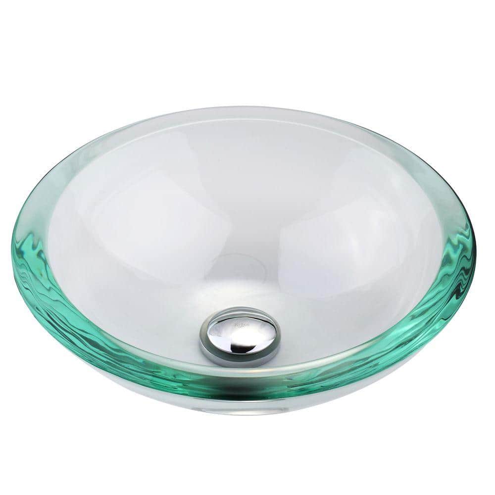 Clear Glass Round Vessel Sink with Chrome Pop-Up Drain