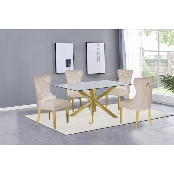 Best Quality Furniture Tom 5-Piece Rectangle Glass Top with Gold Stainless Steel Table Set, 4-Cream Velvet Chair W/Nail Head Trim and Back Ring