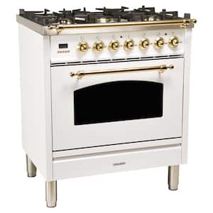 30 in. 3.0 cu. ft. Single Oven Dual Fuel Italian Range with True Convection, 5 Burners, Brass Trim in White