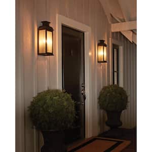 Pediment 10 in. W 3-Light Dark Weathered Zinc Outdoor 18.125 in. Wall Lantern Sconce with Clear Seeded Glass