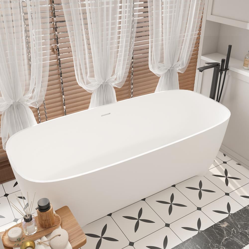 67" White Solid Surface Freestanding Soaking Bathtub