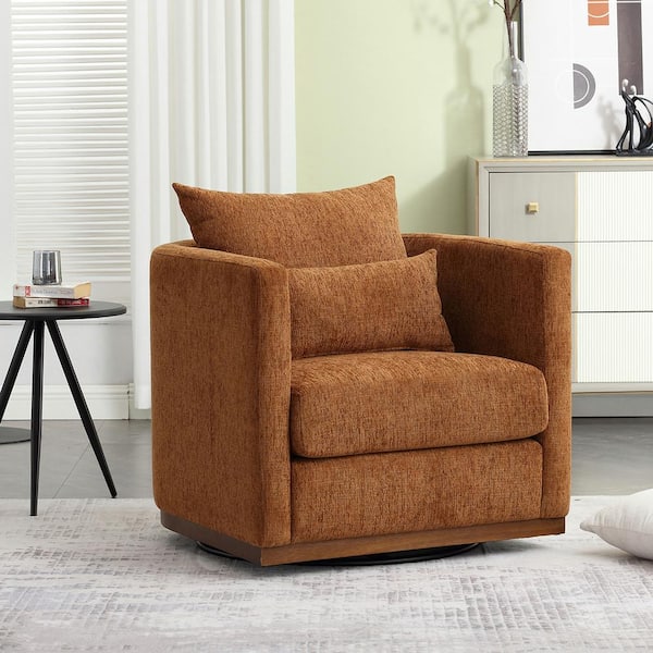 Brown Chenille Polyester Swivel Barrel Chair Comfy Round Accent Sofa Arm Chair for Living Room