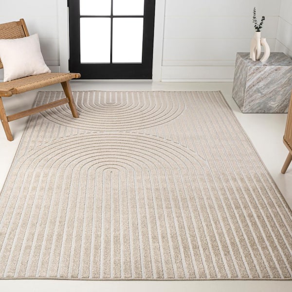Sofia High-Low MidCentury Modern Arch Stripe 2-Tone Beige/Cream 8 ft. x 10 ft. Indoor/Outdoor Area Rug