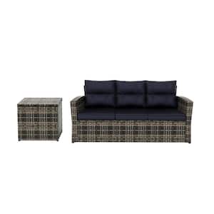 Alpine 2-Piece Rattan Wicker Outdoor Sofa Couch and Side Table Set with Navy Blue Cushions