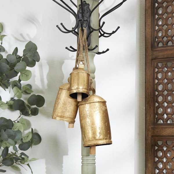 Gold Metal Tibetan Inspired Cylindrical Decorative Cow Bells with Jute Hanging Rope (3-Pack)