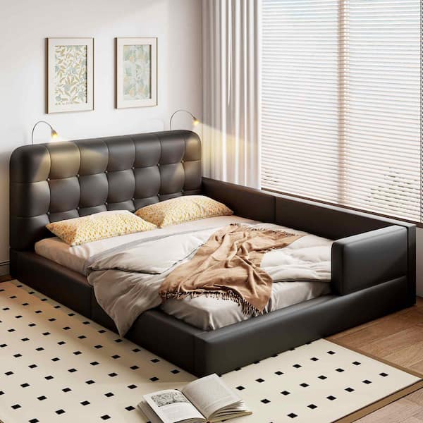 Black Wood Frame Queen Size Platform Bed with 2 Reading Lights