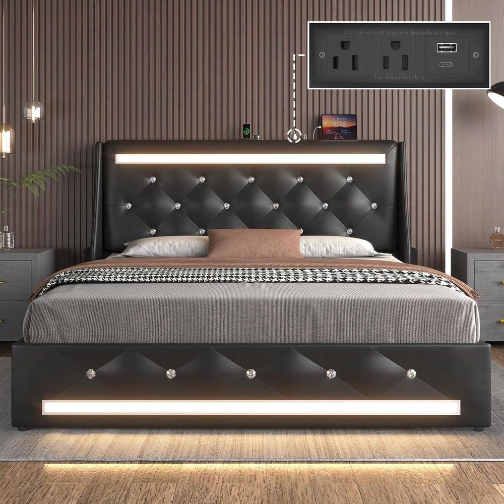 Alanna Black Wood+Metal Frame Full Size Platform Bed with Diamond Upholstered Headboard, LED Lights, Charging Station price history on PriceWatchPro