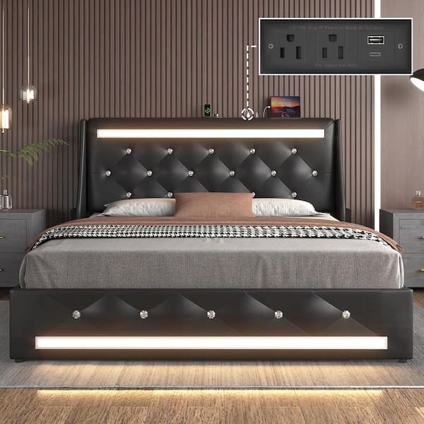 Alanna Black Wood+Metal Frame Full Size Platform Bed with Diamond Upholstered Headboard, LED Lights, Charging Station