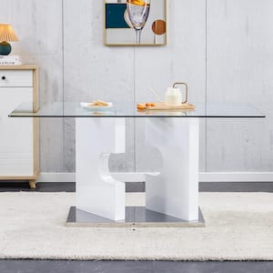 Modern Rectangle White Glass 40.55 in.Pedestal Dining Table Seats for 6