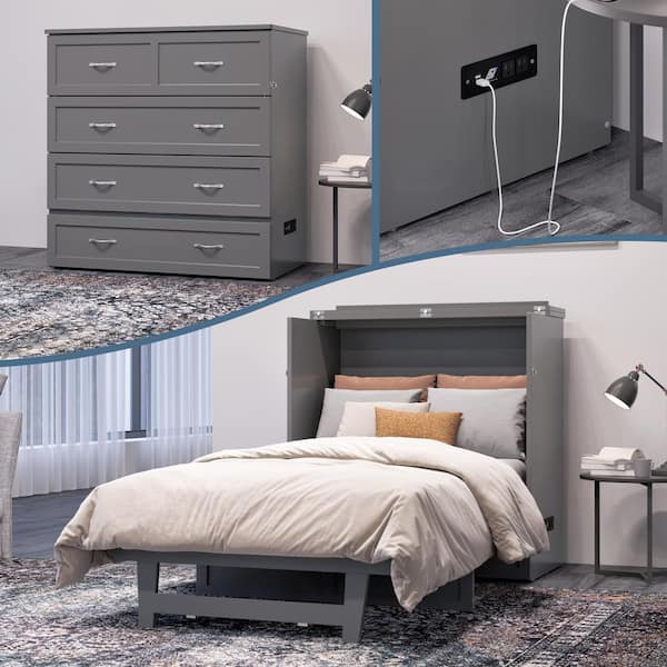 AFI Northfield Grey Solid Wood Frame Twin XL Murphy Bed with Mattress and Built In Charging Station