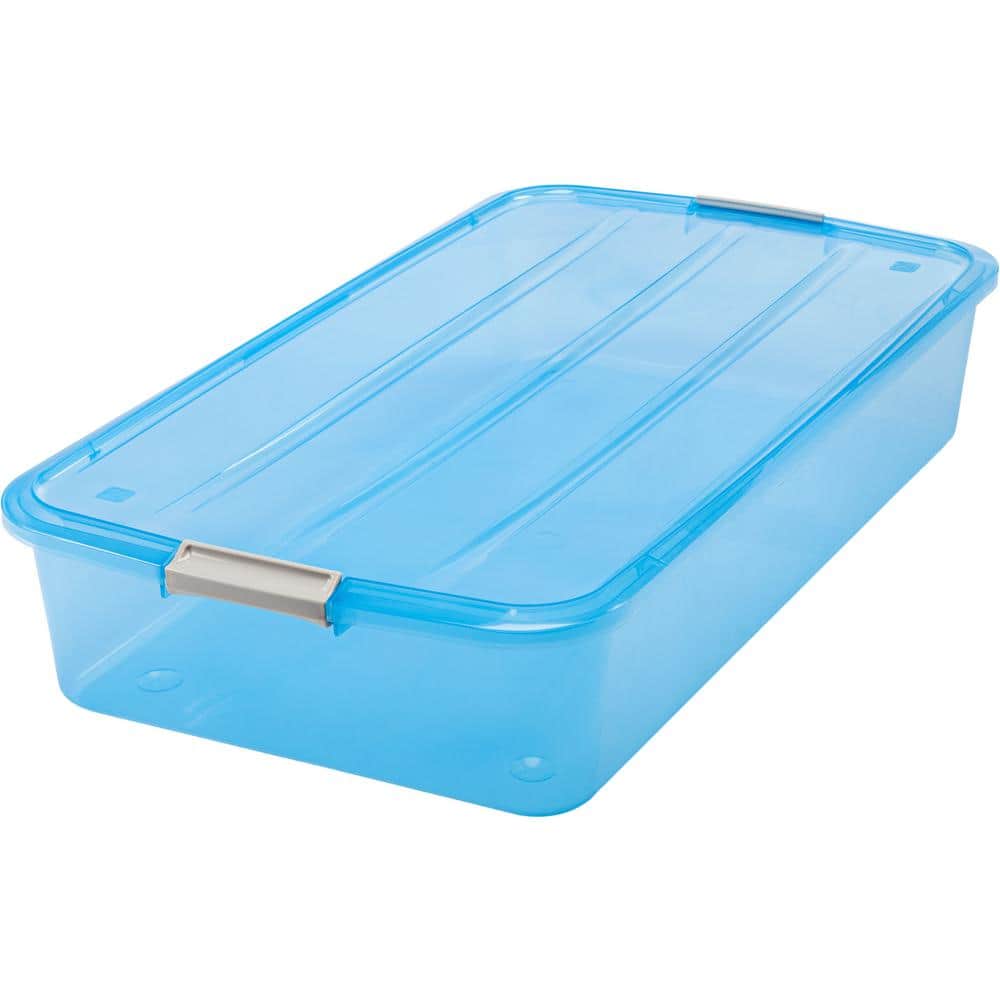 3 plastic storage bins: Green homz 32 gallon, blue 122 quart, Gray 30 gallon
