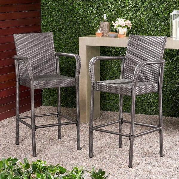 Unbranded Grey Wicker Outdoor Bar Stool Patio Counter Height Pub Chair All-Weather Rattan Barstool with Arms (2-Pack)