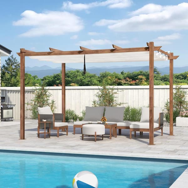 PURPLE LEAF 10 ft. x 13 ft. Natural Wood Grain Aluminum Pergola Gazebo with White Retractable Sunshade Canopy and Extra Top Roof