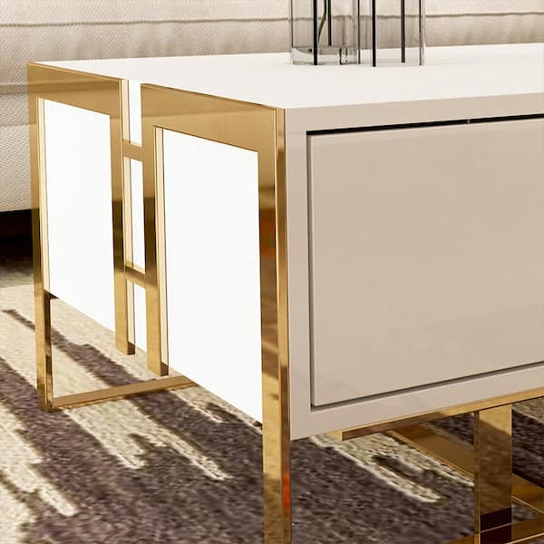 Jocise contemporary white rectangular storage coffee table with drawers lacquer deals gold base