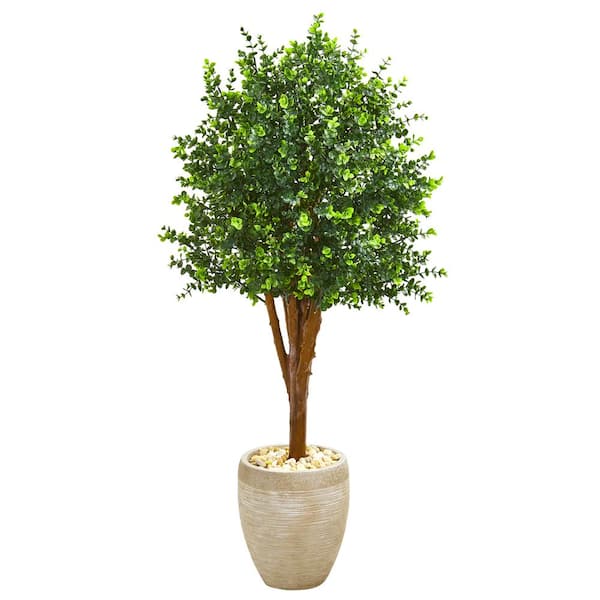 Nearly Natural Indoor/Outdoor 4.5 ft. Eucalyptus Artificial Tree in Sandstone Planter UV Resistant