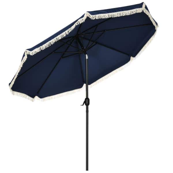ITOPFOX 9 ft. Patio Dark Blue Umbrella with Push Button Tilt and Crank, Ruffled Market Table Umbrella with Tassles and 8 Ribs
