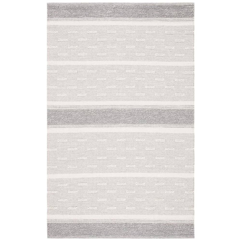 Ivory and Grey Handwoven Wool and Cotton Striped Area Rug