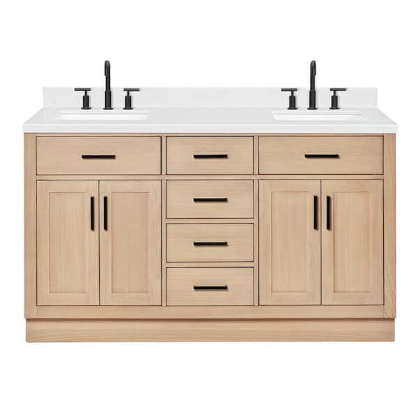 Hepburn 60 in. Double Sink Freestanding Bathroom Vanity in Oak with Carrara White Quartz Top