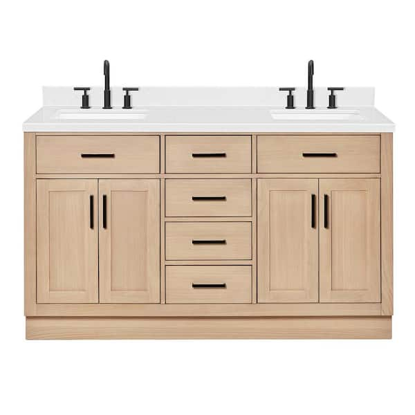 Hepburn 60 in. W x 22 in. D x 36 in. H Double Freestanding Bath Vanity in Oak with Carrara White Quartz Top