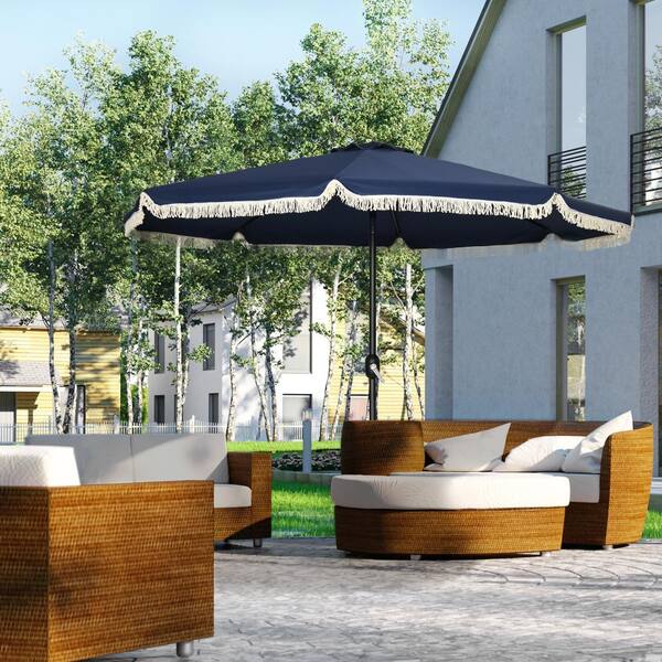 draped patio umbrella ToolCat 9 ft. Steel Drape Market Patio Umbrella with Crank Lift and Fringed Ruffles in Dark Blue (Without base)