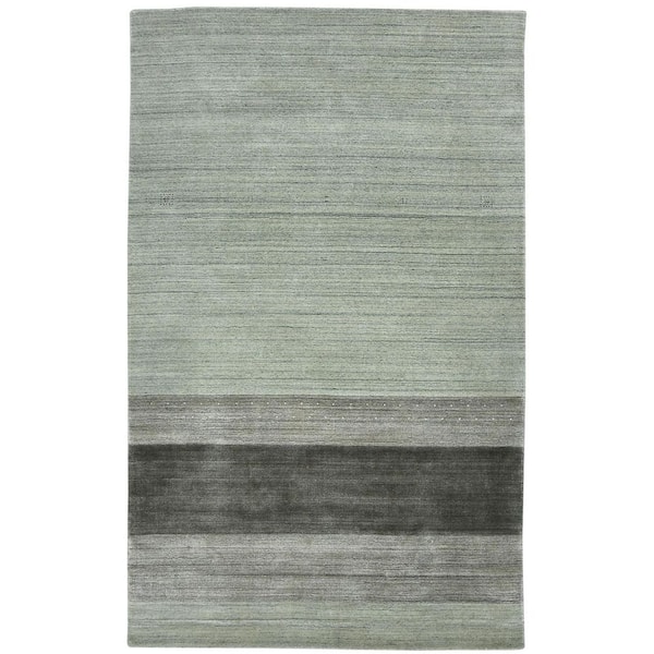 5 ft. x 8 ft. Gray And Light Green Wool Striped Hand Woven Area Rug