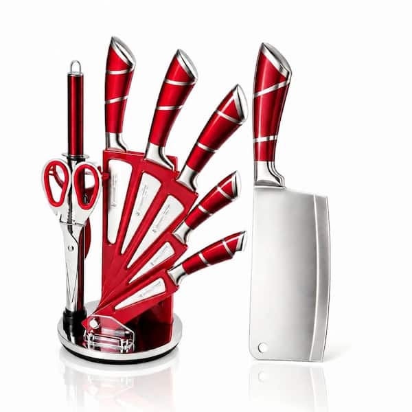 9-Piece Stainless Steel Kitchen Knife Set with 360-Degree Rotation Acrylic Block, Red Handles Set, 9Pcs