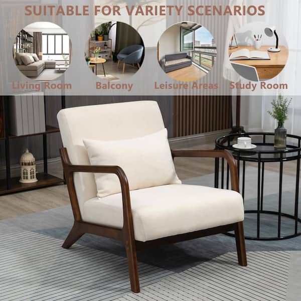 Comfy Mid-Century Modern Beige Velvet Upholstered Living Room Accent Chair, Wood Frame Arm Chair with Waist Cushion