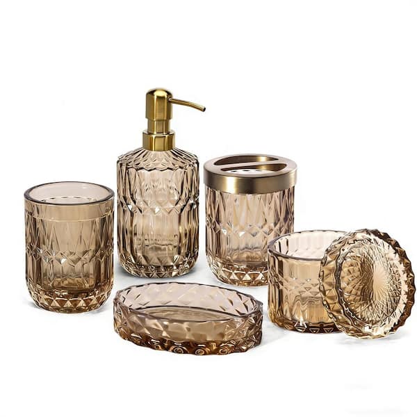 6-Piece Clear Glass Bathroom Accessory Set in Brown, Contemporary Modern Decor Crystal Vintage Gift