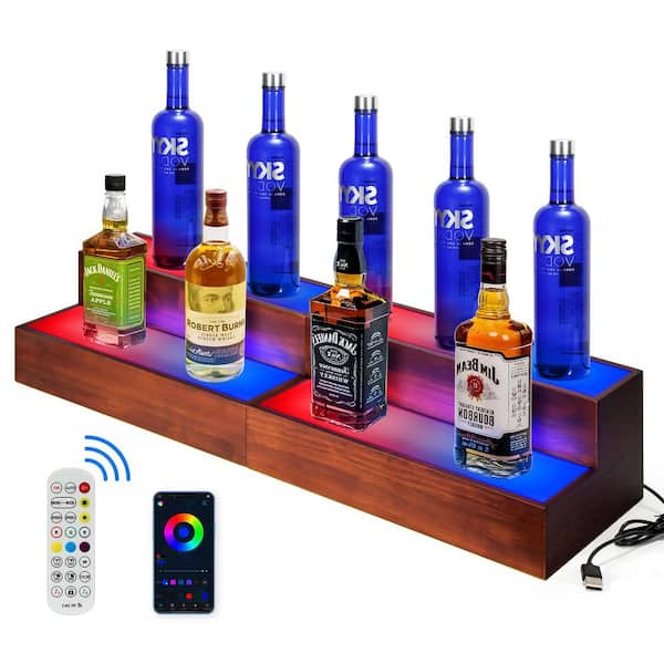 6.3 in. H x 7.8 in. W 20-Bottle Brown 2-Tier LED Bar Shelves, LED Lighted Liquor Bottle Display Shelf (2-Pack)