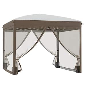 10 ft. x 10 ft. Coffee Pop Up Canopy Tent, Instant Canopy Shelter with Netting Screen, 4 Sandbags and Wheeled Carry Bag