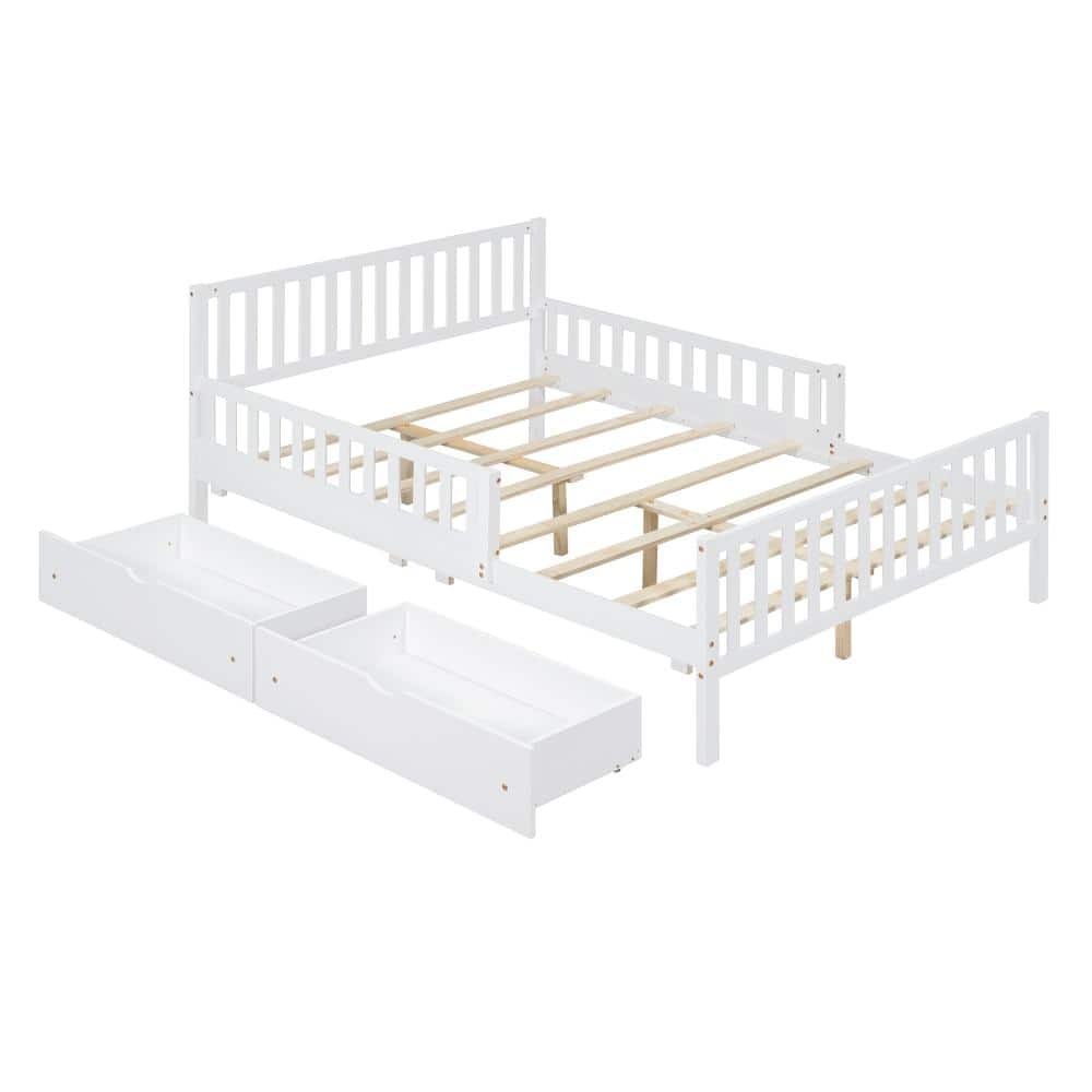 White Wood Frame Full Platform Bed with Two Storage Drawers and Guardrails durable construction price history on PriceWatchPro