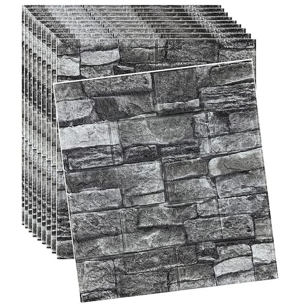 10-Piece Black Peel and Stick 3D Faux Stone Wall Panel, 3D Brick Wallpaper, Foam Brick Self-Adhesive Wall Panel