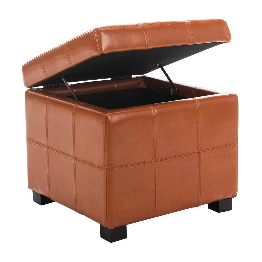 Saddle Brown Leather Tufted Storage Ottoman with Birch Wood