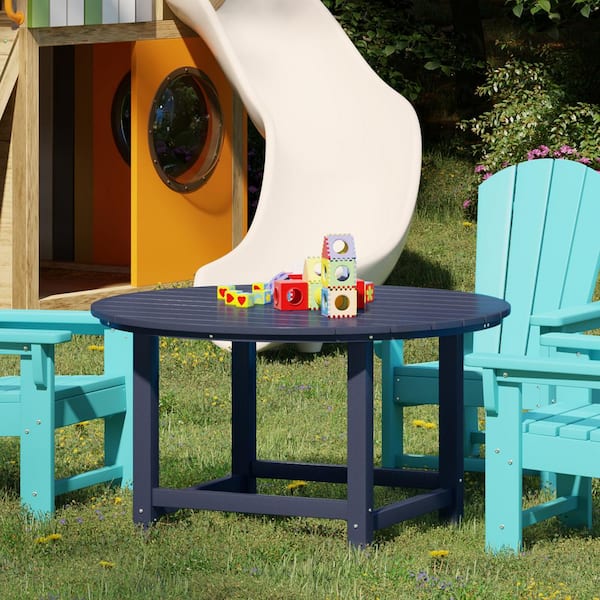 Childrens Laguna Outdoor Patio All Weather Fade Resistant Kids Poly Plastic 38 in.Round Picnic Dining Table in Navy Blue