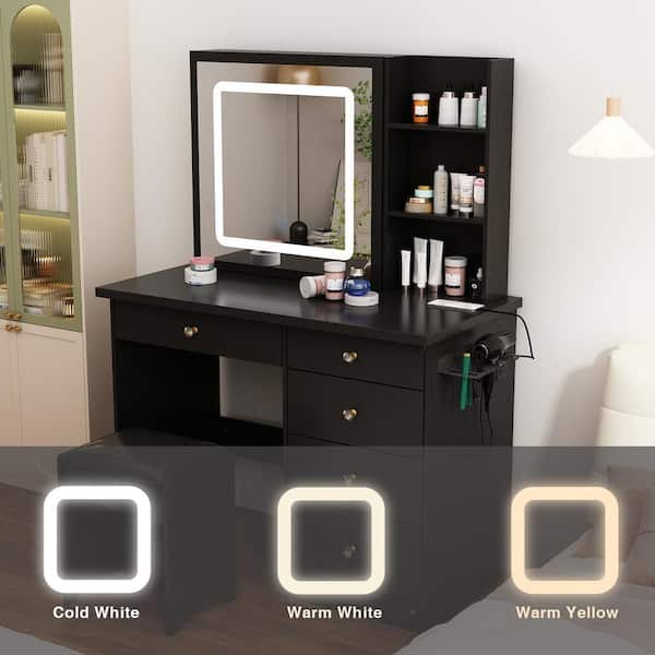 ZOPEND Vanity Desk with Glass Desktop LED Lights and Power Strip, 41