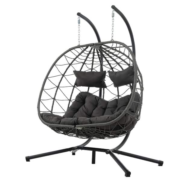 OLUMAT 2 Person Metal Patio Swing Outdoor Egg Chair with Black Stand, Dark Gray Cushions and Pillow