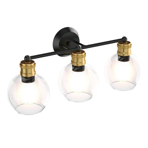 24.5 in. 3-Light Black and Gold Vanity Light with Clear Glass Shade (Bulbs Not Included)