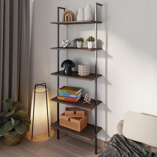 Madera 72.05 in. Tall Classic Industrial 5-Shelf Wood Wall-Mounted Open Ladder Bookcase with Metal Frame, Brown/Black