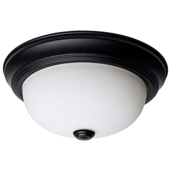 11.38 in. 2-Light Matte Black Transitional Flush Mount with Opal Glass Shade and No Bulbs Included