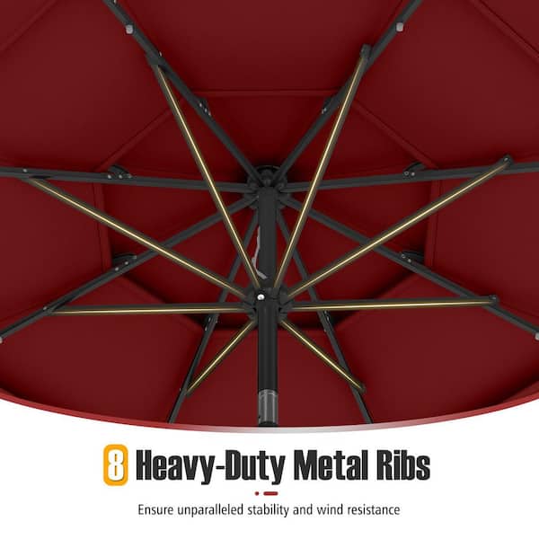 10 ft. Steel Market Solar Patio Umbrella with 32 LED Lights 3-Tier Vented Top in Wine